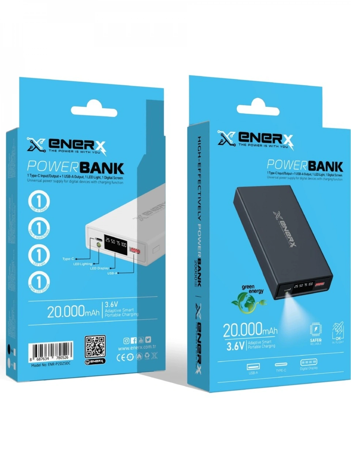 eNeRX ENR-P2025DT 20.000 mAh 22.5Watt Hızlı Şarj LED Göstergeli Powerbank – Beyaz