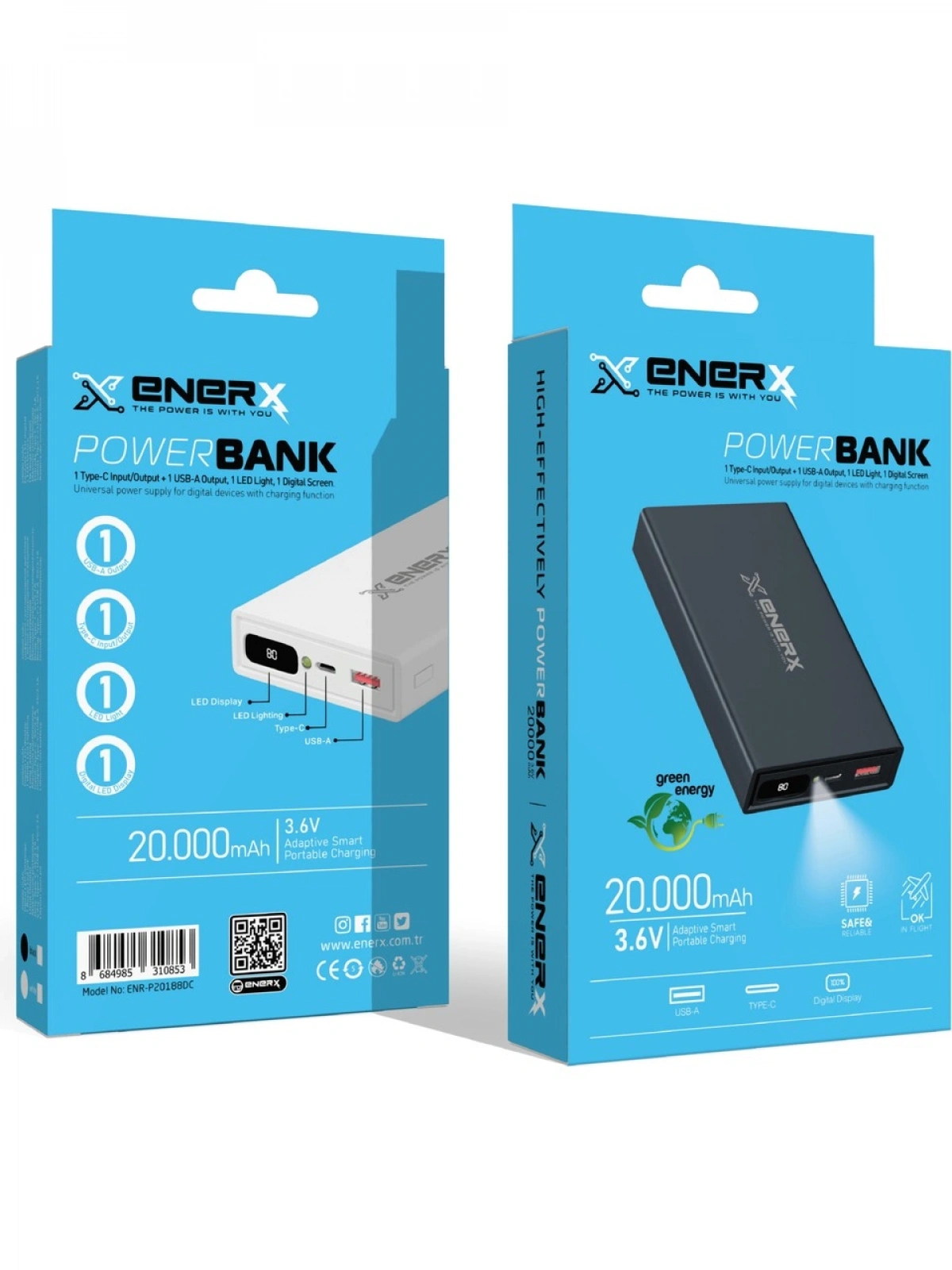 eNeRX ENR-P20188DT 20.000 mAh 22.5Watt Hızlı Şarj Dijital Göstergeli Powerbank – Siyah