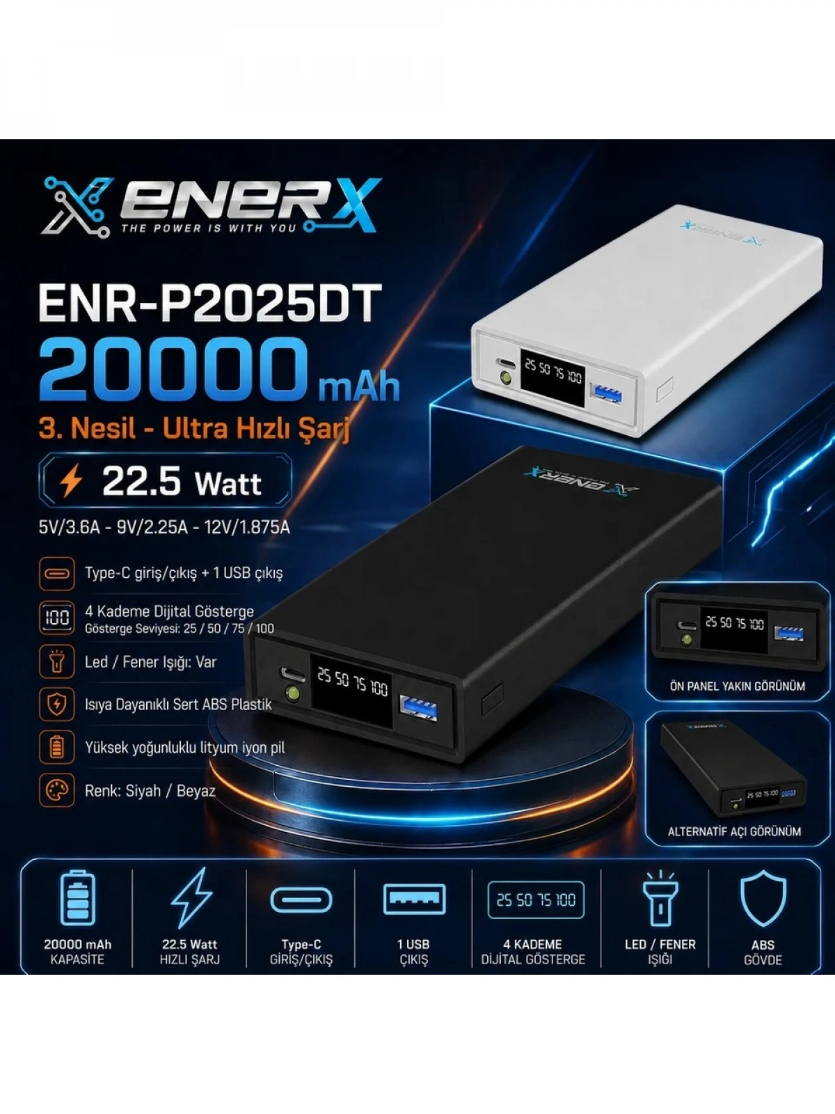 eNeRX ENR-P2025DT 20.000 mAh 22.5Watt Hızlı Şarj LED Göstergeli Powerbank – Siyah