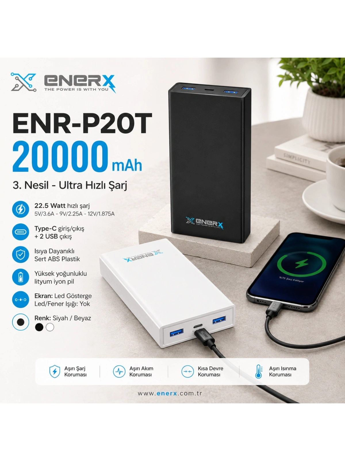 eNeRX ENR-P20T 20.000 mAh 22.5Watt Hızlı Şarj Powerbank – Siyah