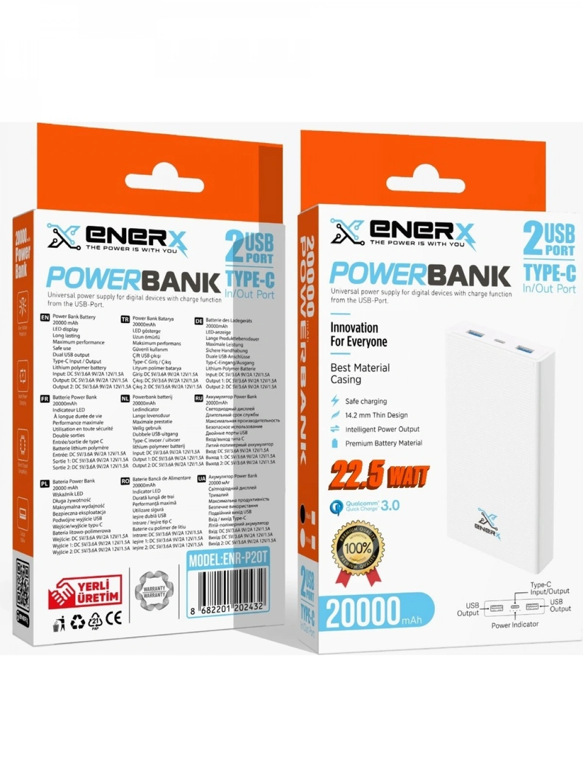 eNeRX ENR-P20T 20.000 mAh 22.5Watt Hızlı Şarj Powerbank – Siyah
