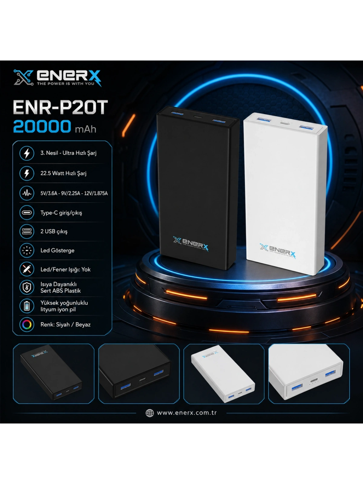 eNeRX ENR-P20T 20.000 mAh 22.5Watt Hızlı Şarj Powerbank – Beyaz