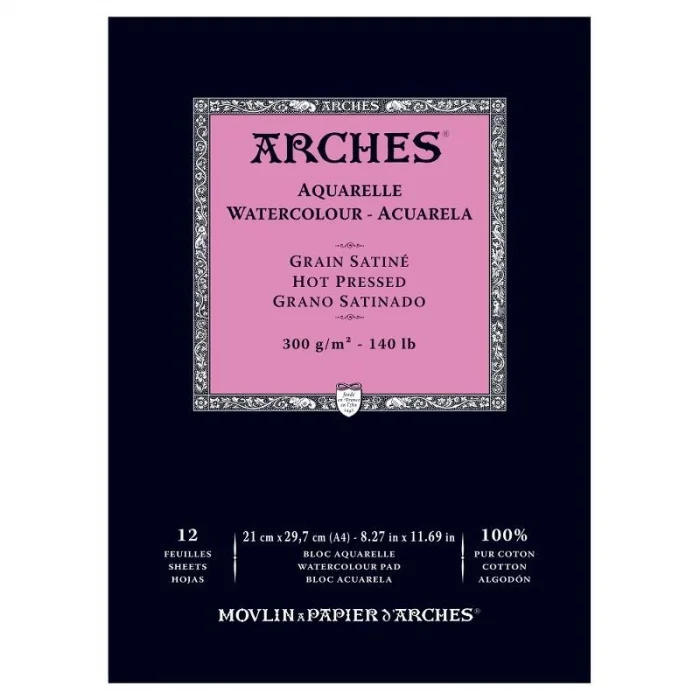 Arches Sulu Boya Defteri Blok Sıcak Baskı - Düz Doku 300 gr. 21x29 cm. 12 Yaprak