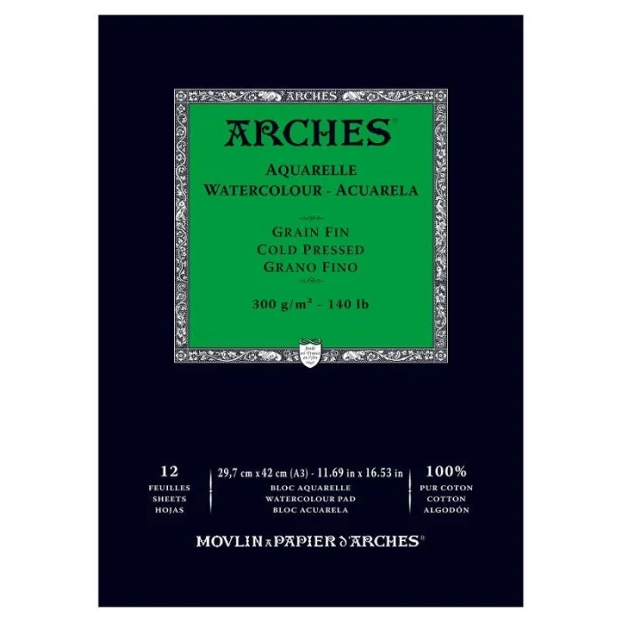Arches Sulu Boya Defteri Blok Soğuk Baskı - Orta Doku 300 gr. 29x42 cm. 12 Yaprak