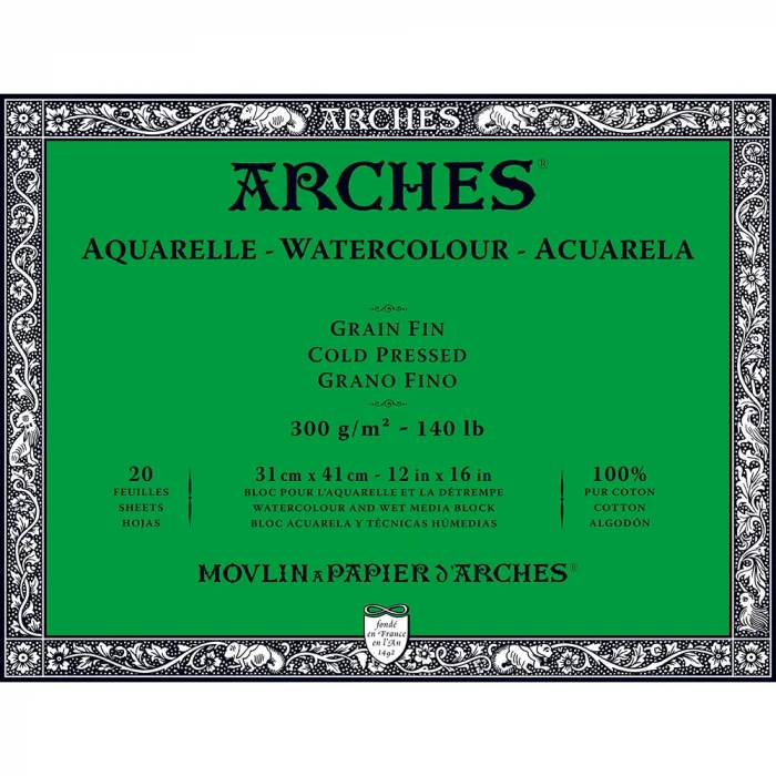 Arches Sulu Boya Defteri Blok Soğuk Baskı - Orta Doku 300 gr. 31x41 cm. 20 Yaprak