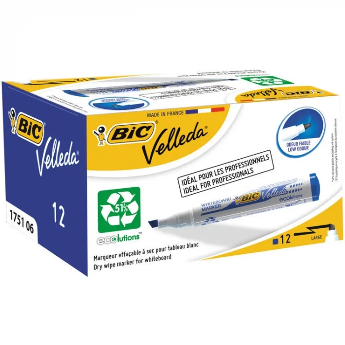 Bic Velleda 1751 Kesik Uç Beyaz Tahta Kalemi Mavi 12li Kutu