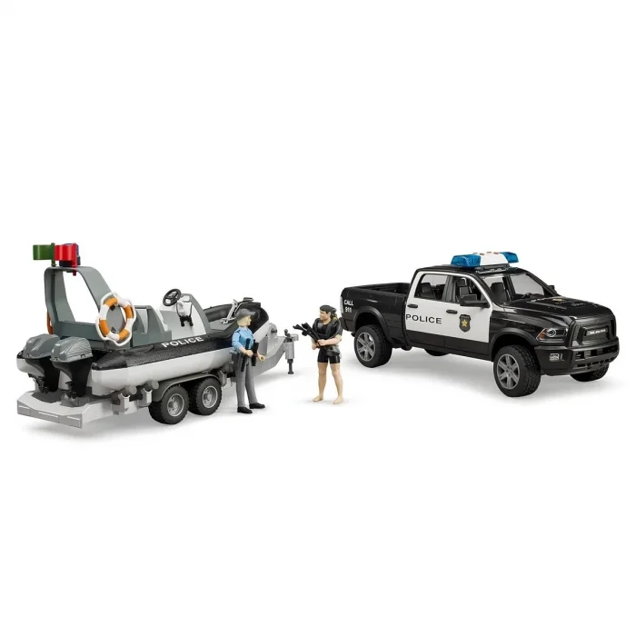 Bruder Ram 2500 Polis Aracı,Römork,Zodyak, 2 Figür ve Aksesuarlar