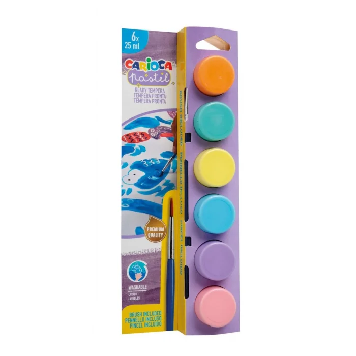 Carioca Tempera Yıkanabilir Poster Boya 25 ml. x 6 Pastel Renk Fırçalı Set