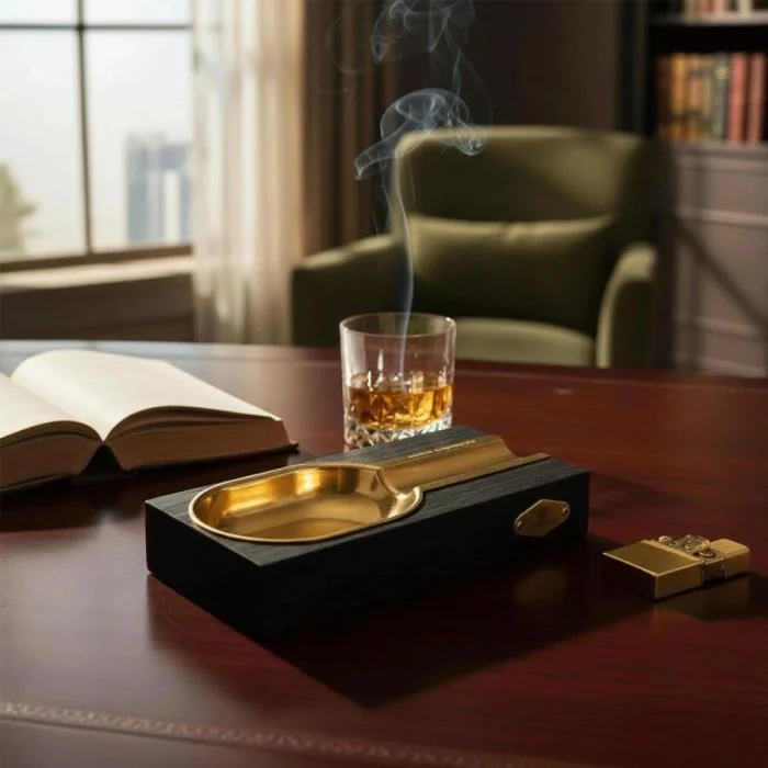 Cigarloong Ahşap Puro Küllüğü Tekli Siyah Gold
