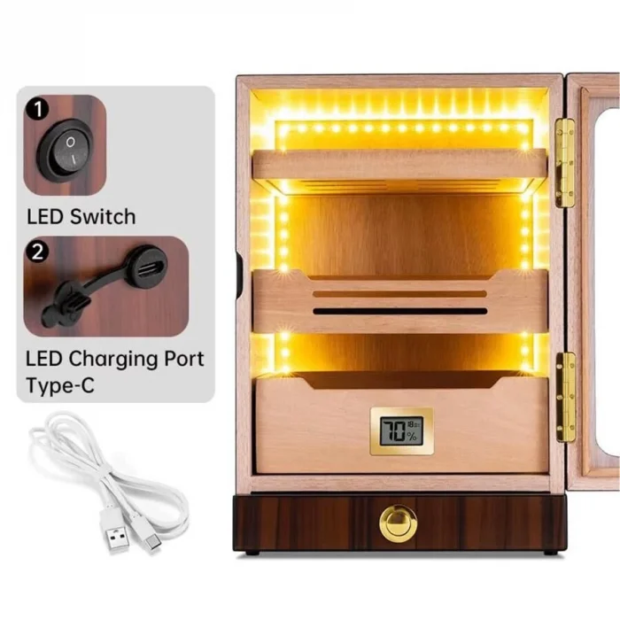 Cigarloong Camlı Işıklı Puro Kutusu Humidor Ceviz 200s