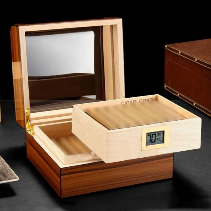 Cigarloong Camlı Puro Kutusu Humidor Ceviz 60s