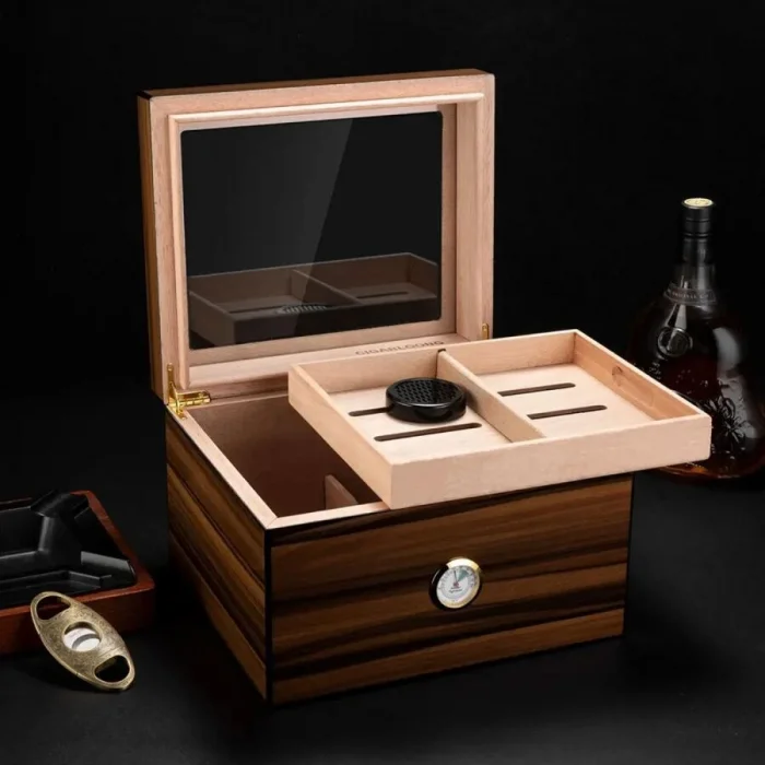 Cigarloong Camlı Puro Kutusu Humidor Ceviz 70s