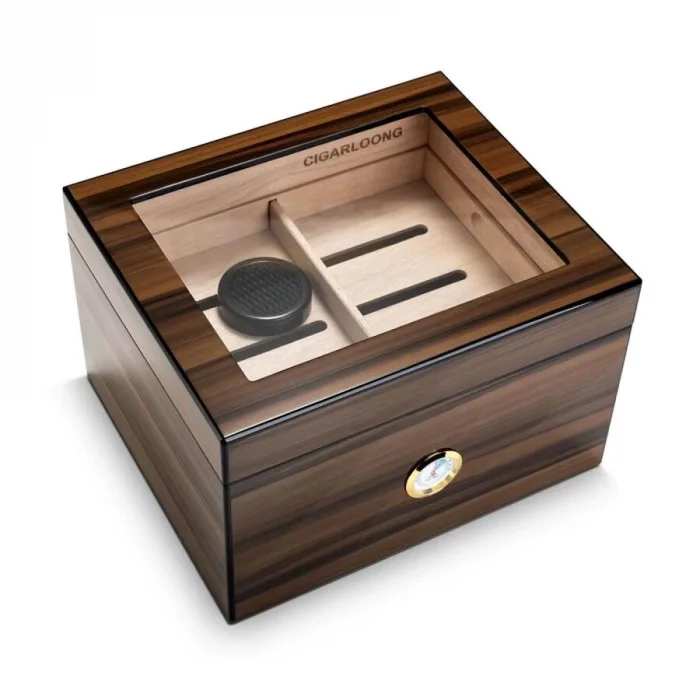 Cigarloong Camlı Puro Kutusu Humidor Ceviz 70s