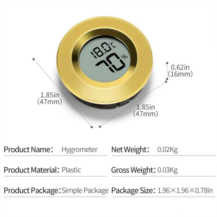 Cigarloong Dijital Mini Higrometre Nem Isı Ölçer Yuvarlak Gold