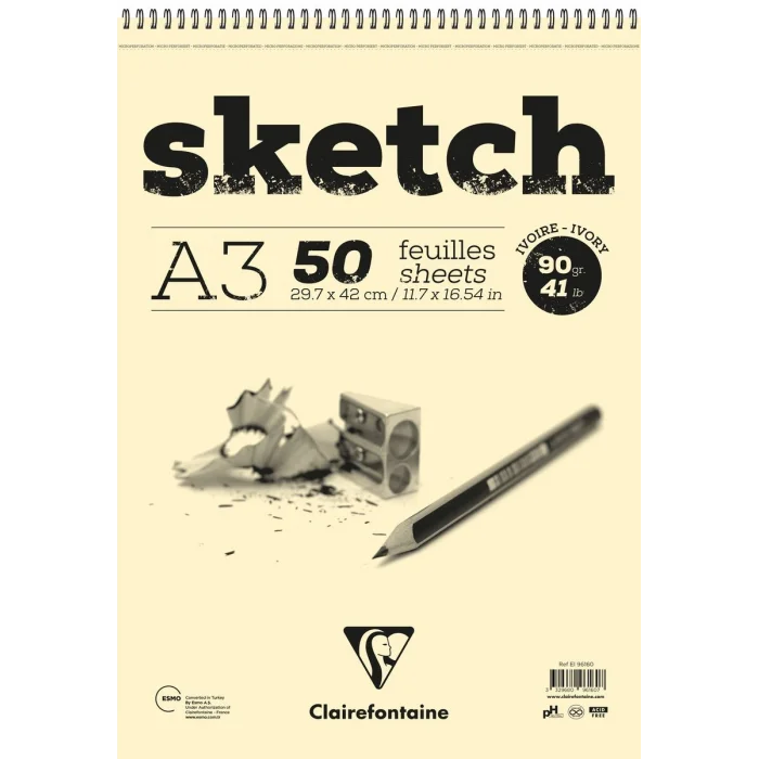Clairefontaine Ivory Sketch Eskiz Çizim Defteri Üstten Spiralli 90 gr. A3 50 yp.
