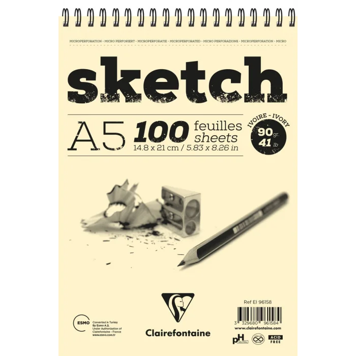 Clairefontaine Ivory Sketch Eskiz Çizim Defteri Üstten Spiralli 90 gr. A5 100 yp.