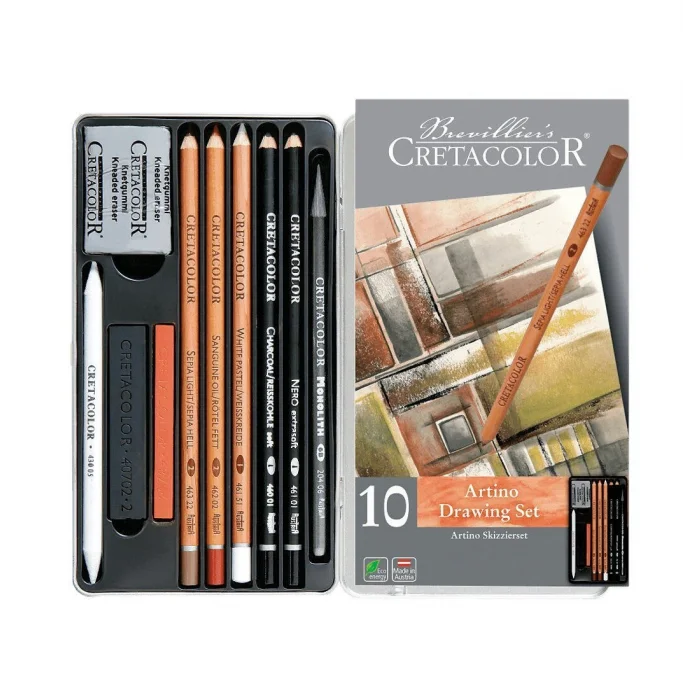 Cretacolor Artino Drawing Set Karakalem Eskiz Çizim Seti Metal Kutu 10 Parça