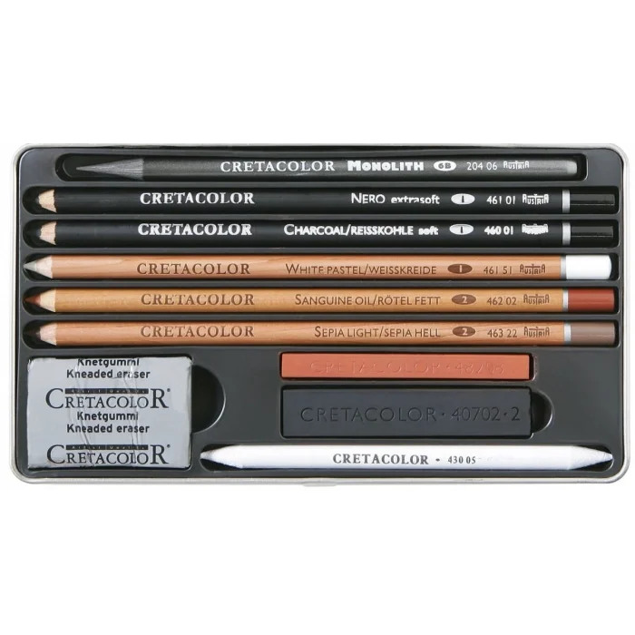 Cretacolor Artino Drawing Set Karakalem Eskiz Çizim Seti Metal Kutu 10 Parça