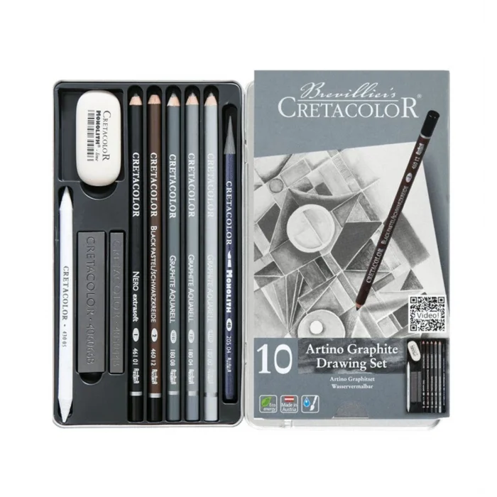 Cretacolor Artino Graphite Drawing Set Karakalem Eskiz Çizim Seti Metal Kutu 10 Parça