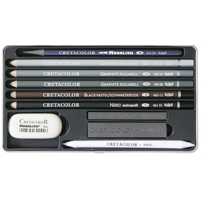 Cretacolor Artino Graphite Drawing Set Karakalem Eskiz Çizim Seti Metal Kutu 10 Parça