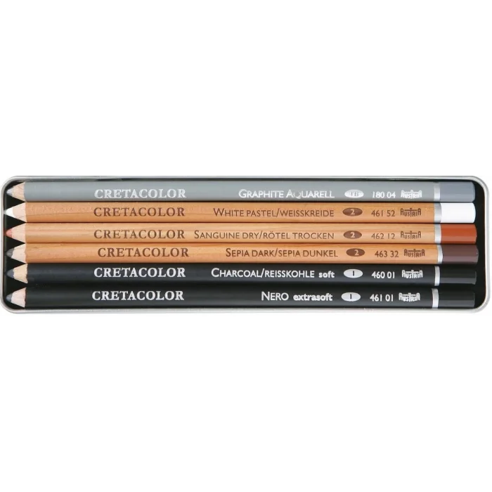 Cretacolor Basic Drawing Set Karakalem Eskiz Çizim Seti Metal Kutu 6 Parça