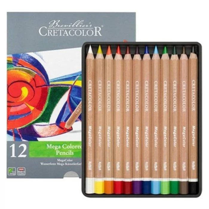 Cretacolor Megacolor Jumbo Kalın Kuru Boya Kalemi Seti 12 Renk Metal Kutu