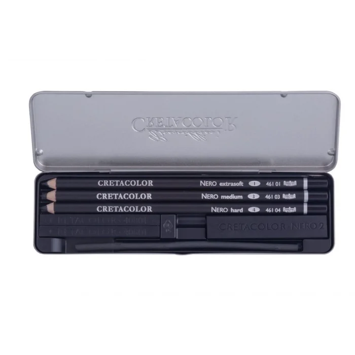 Cretacolor Nero Deep Black Pocket Set Karakalem Eskiz Çizim Seti Metal Kutu 7 Parça
