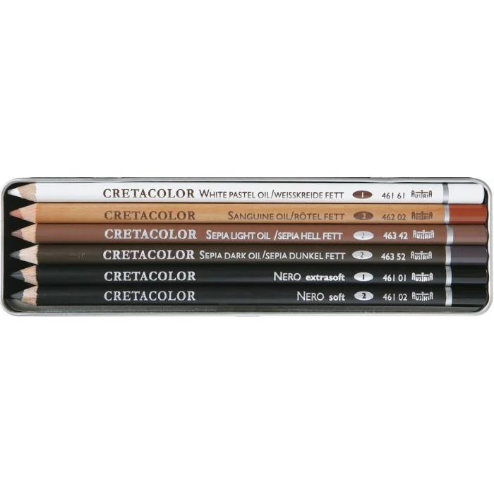 Cretacolor Oil Pencil Drawing Set Karakalem Eskiz Çizim Seti Metal Kutu 6 Parça