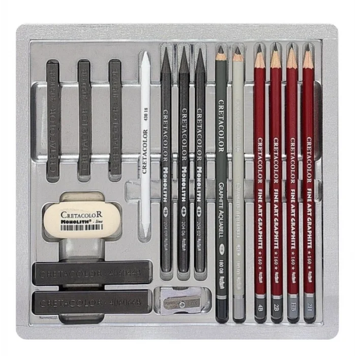 Cretacolor Silver Box Ahşap Kutulu Profesyonel Karakalem Eskiz Çizim Seti 17 Parça
