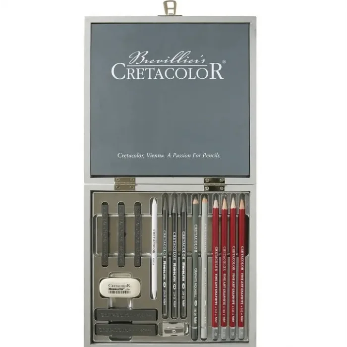 Cretacolor Silver Box Ahşap Kutulu Profesyonel Karakalem Eskiz Çizim Seti 17 Parça