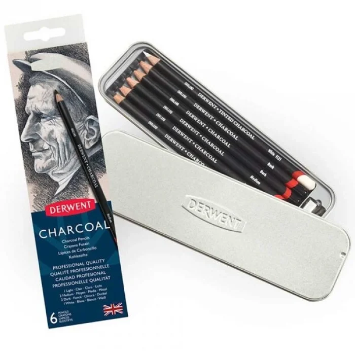 Derwent Charcoal Pencils Kömür Füzen Kalem Seti 6lı Teneke Kutu
