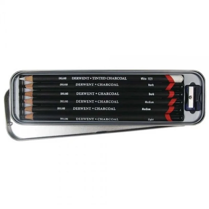 Derwent Charcoal Pencils Kömür Füzen Kalem Seti 6lı Teneke Kutu