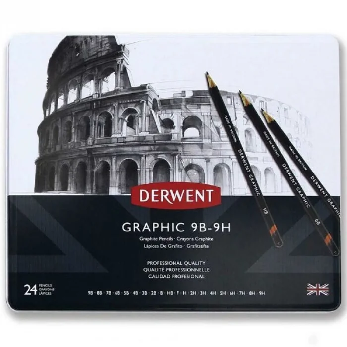 Derwent Graphic Dereceli Kalem Karakalem Eskiz Çizim Seti 24lü Teneke Kutu