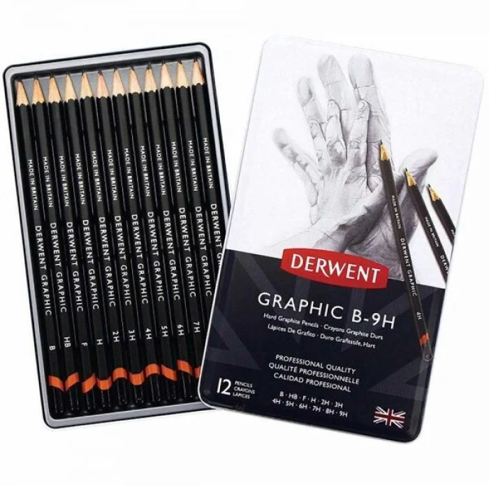 Derwent Graphic Dereceli Kalem Karakalem Eskiz Çizim Seti Hard (Technical) 12li Teneke Kutu