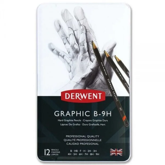 Derwent Graphic Dereceli Kalem Karakalem Eskiz Çizim Seti Hard (Technical) 12li Teneke Kutu