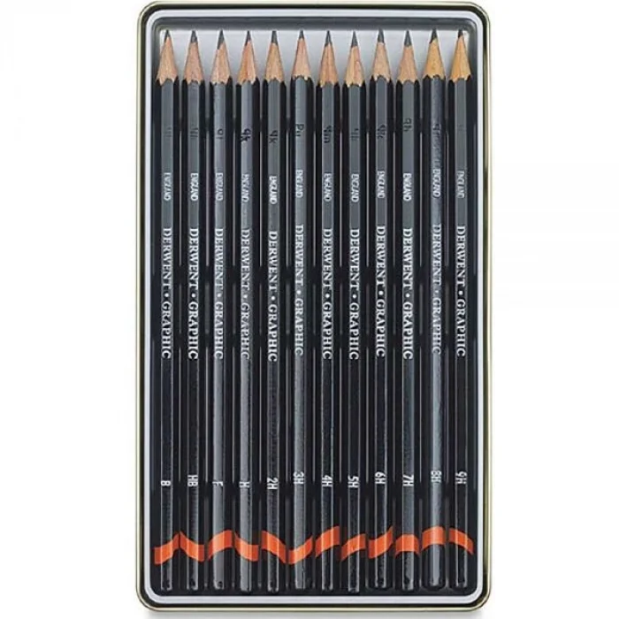 Derwent Graphic Dereceli Kalem Karakalem Eskiz Çizim Seti Hard (Technical) 12li Teneke Kutu