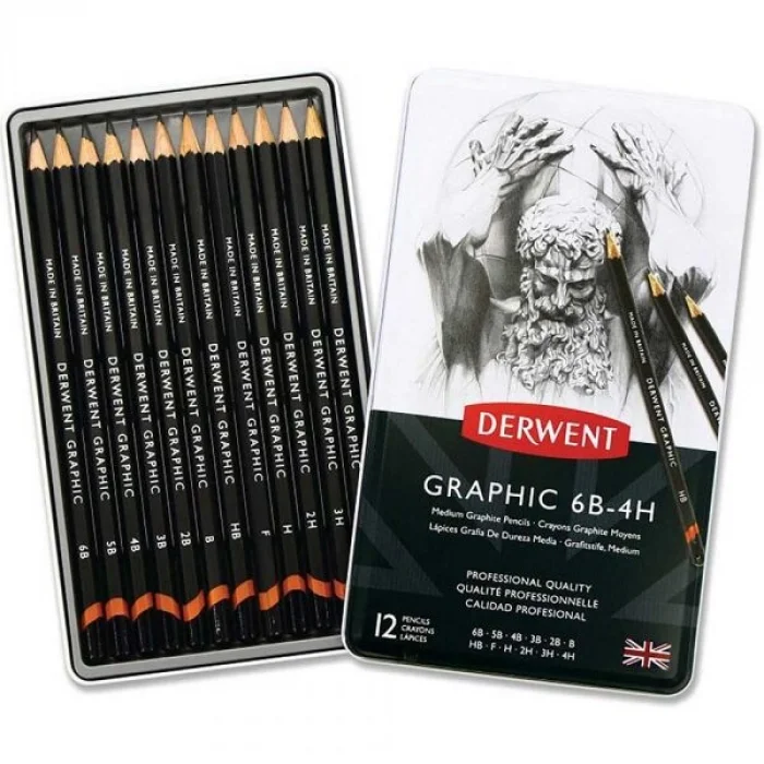 Derwent Graphic Dereceli Kalem Karakalem Eskiz Çizim Seti Medium (Designer) 12li Teneke Kutu