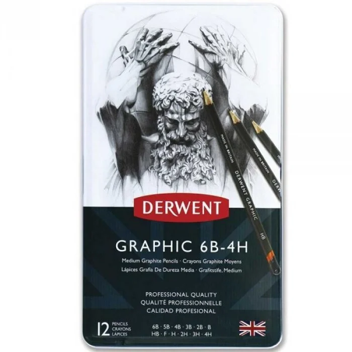Derwent Graphic Dereceli Kalem Karakalem Eskiz Çizim Seti Medium (Designer) 12li Teneke Kutu