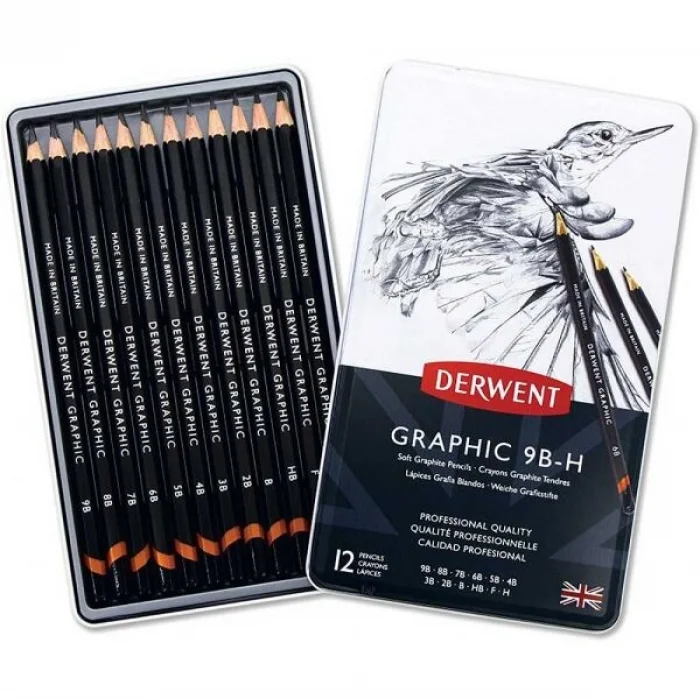 Derwent Graphic Dereceli Kalem Karakalem Eskiz Çizim Seti Soft (Sketching) 12li Teneke Kutu