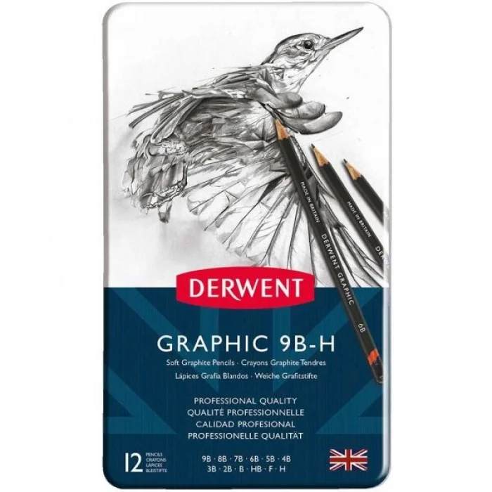 Derwent Graphic Dereceli Kalem Karakalem Eskiz Çizim Seti Soft (Sketching) 12li Teneke Kutu