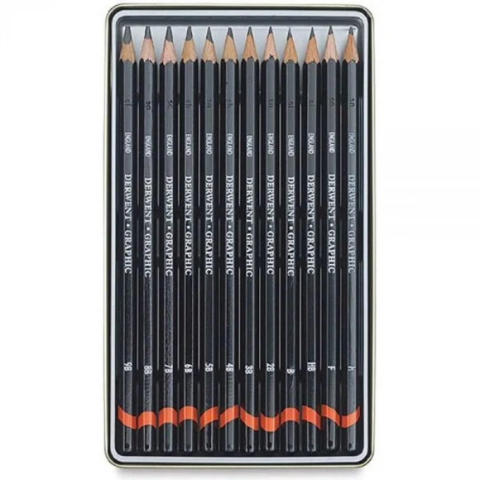 Derwent Graphic Dereceli Kalem Karakalem Eskiz Çizim Seti Soft (Sketching) 12li Teneke Kutu