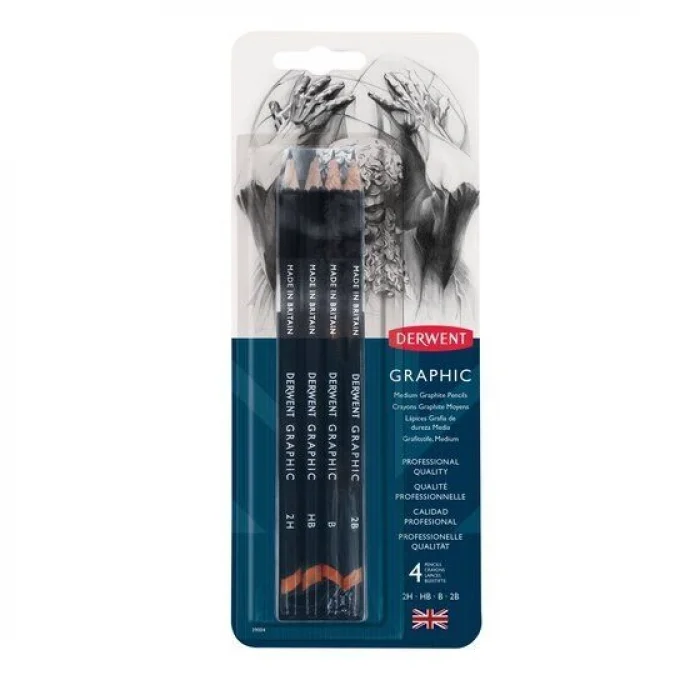 Derwent Graphic Pencils Dereceli Kalem Karakalem Eskiz Çizim Seti Medium (Designer) 4lü Blister