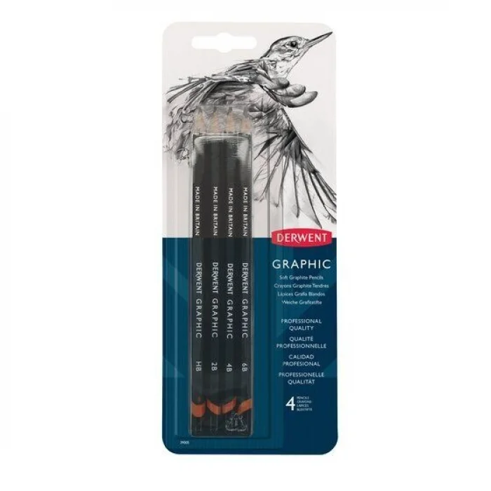 Derwent Graphic Pencils Dereceli Kalem Karakalem Eskiz Çizim Seti Soft (Sketching) 4lü Blister