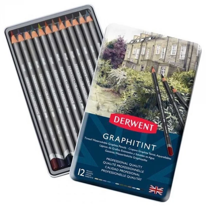 Derwent Graphitint Suda Çözünebilen Renkli Eskiz Çizim Kalemi Seti 12li Teneke Kutu