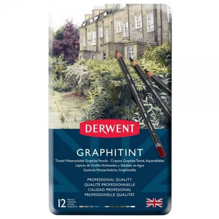 Derwent Graphitint Suda Çözünebilen Renkli Eskiz Çizim Kalemi Seti 12li Teneke Kutu