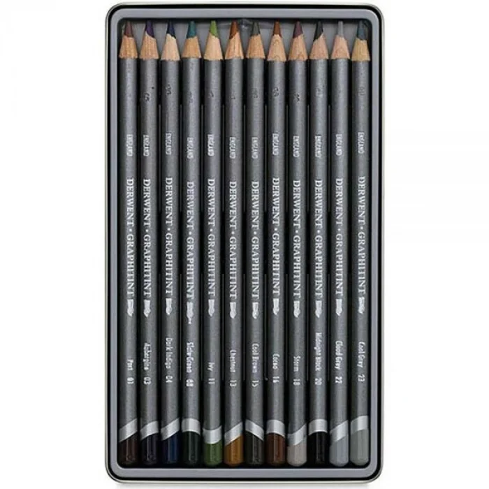 Derwent Graphitint Suda Çözünebilen Renkli Eskiz Çizim Kalemi Seti 12li Teneke Kutu