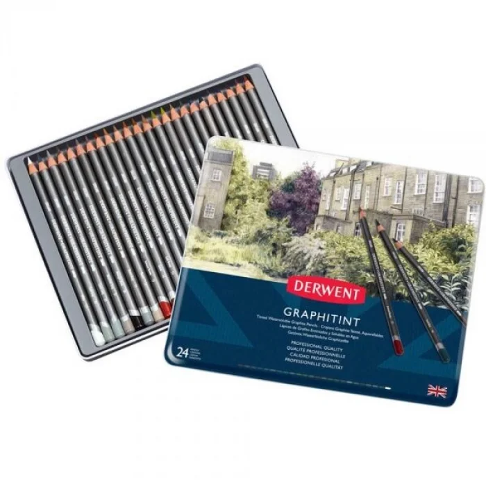 Derwent Graphitint Suda Çözünebilen Renkli Eskiz Çizim Kalemi Seti 24lü Teneke Kutu