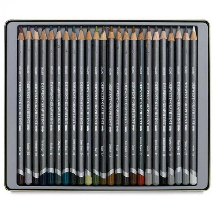 Derwent Graphitint Suda Çözünebilen Renkli Eskiz Çizim Kalemi Seti 24lü Teneke Kutu
