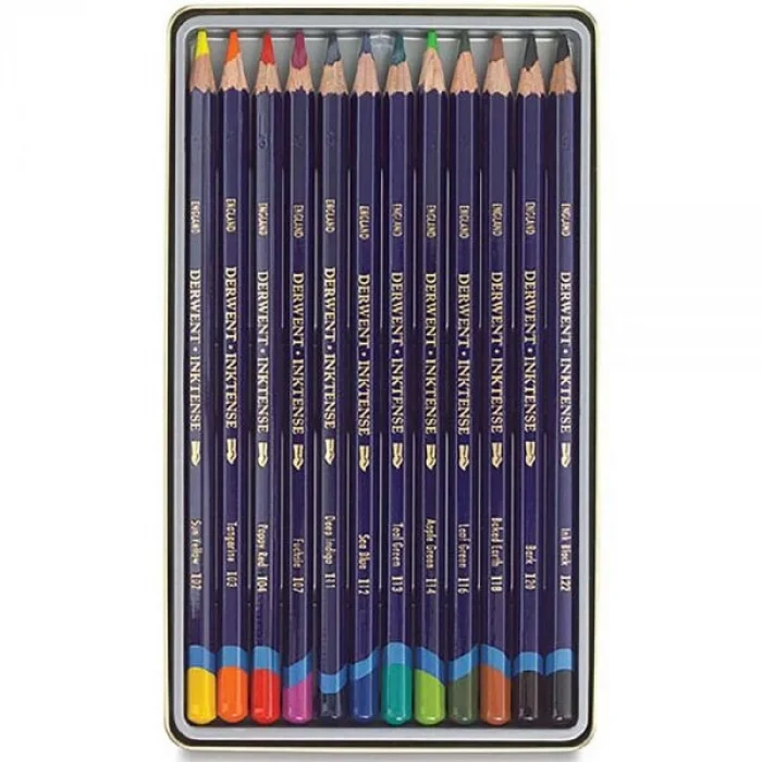 Derwent Inktense Mürekkep Etkili Aquarell Boya Kalemi Seti 12li Teneke Kutu