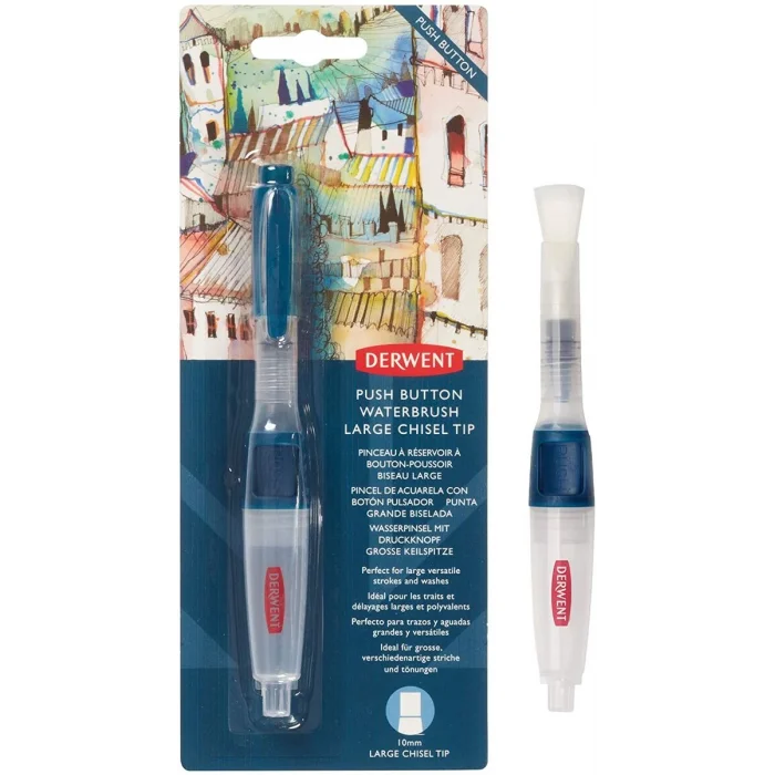 Derwent Push Button Waterbrush Akış Kontrollü Su Hazneli Sulu Boya Fırçası Chisel Tip (Düz Kesik Uç)